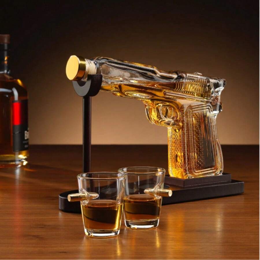 Whiskey Decanter Set 220ml With 2 Bullet Design Glasses And Wooden Stand – Lead-Free Glass Gift Set For Home Bar - Transparent - View 1