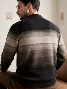 Men's Grey Striped Sweater, Business Casual Commuter Layering Top, Autumn/Winter Crew Neck Thick Knit - Mocha Brown - View 5