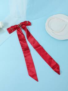 1pc Vintage Elegant Red Satin Bow Hair Clip With Rhinestone Long Ribbon Bridal Headpiece - Red - View 2