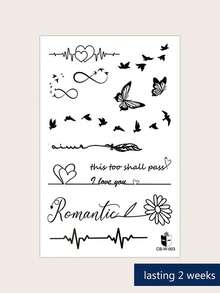 1pc Herbal Juice Semi-Permanent Magic Tattoo Sticker, English Heart Butterfly Bird Daisy Pattern, Long-Lasting 14 Days, No Fading, Non-Reflective, Temporary Tattoo Sticker For Arm, Collarbone, Waist, Abdomen And Body - Blue - View 5