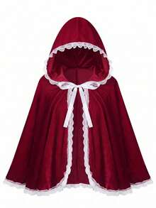 1pc Women's Gothic Velvet Hooded Cape, Red Little Red Riding Hood Cosplay Cloak, Lace Trim Contrast, Suitable For Halloween And Christmas Parties - Multicolor - View 2