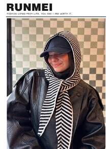 1pc Women's Knitted Red Striped Scarf, Autumn/Winter Outdoor Hooded Scarf, Warm & Windproof Balaclava Hat Scarf Set - Black and White - View 1