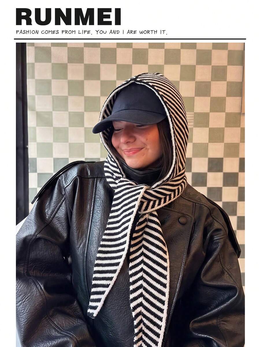 1pc Women's Knitted Red Striped Scarf, Autumn/Winter Outdoor Hooded Scarf, Warm & Windproof Balaclava Hat Scarf Set - Black and White - View 1