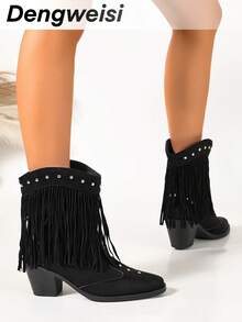 DENGWEISI Black Ruched Rivet Tassel Chunky Heel Square Toe Punk Western Boots Comfortable Versatile Street Style All Season Office Commute Daily Vacation Bohemian European American Fashion Women's Ankle Boots - Black - View 7