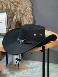 1pc Unisex Western Cowboy Hat, Bull Head Decor Suitable For Wide Brim Felt Hat, Also Can Be Used As Accessory For Halloween Costume Party And Holiday Street Wear. Folded Shipping. - Cowhide Three-strap Folding Hat - View 5