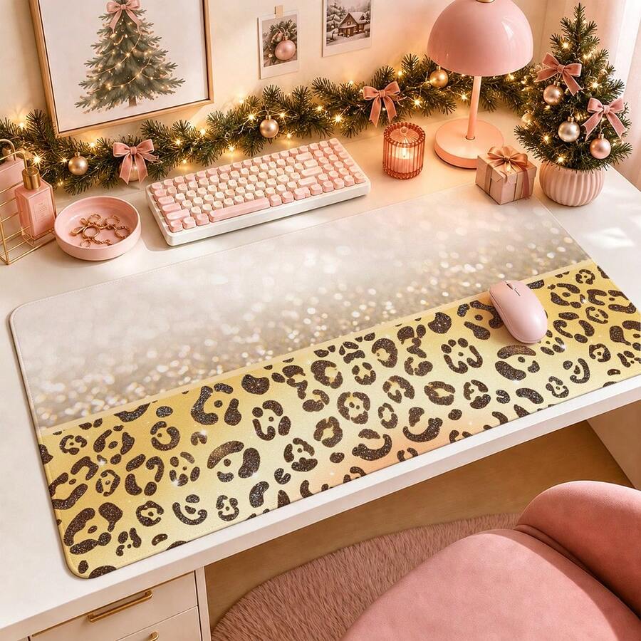 1pc Beige Leopard Print Mouse Pad, Glitter Animal Spot Border And Soft Neutral Gradient Extended Desk Mat For Home Office And Gaming, Sizes S/M/L/XL - View 1