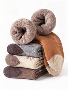 5 Pasang Kaos Kaki Fleece Tebal Musim Dingin Setinggi Betis, Kaos Kaki Jacquard Terry Motif Rusa Klasik - MultiWarna - View 3