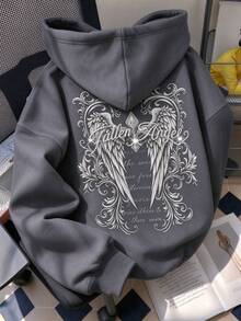 Vintage Angel Wings Hooded Sweatshirt, Street Style Loose Drop Shoulder Long Sleeve Top, Pattern Print Pullover Sweatshirt - Grey - View 1