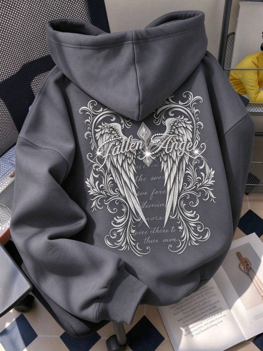 Vintage Angel Wings Hooded Sweatshirt, Street Style Loose Drop Shoulder Long Sleeve Top, Pattern Print Pullover Sweatshirt - Grey - View 1