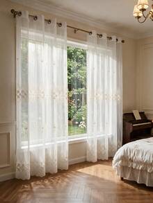 1pc White Geometric Floral Embroidered Sheer Curtain, Bohemian Style Polyester Rectangular Grommet Top Lace Border Light Filtering Window Drape For Bedroom Living Room Home Decor - White - View 7