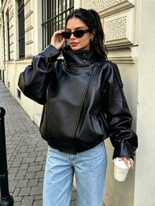 Camellia Loose Fit Oversized Autumn/Winter New Women's Jacket, European And American Style, Fashion Minimalist Versatile Faux Leather Coat Black Fall - Black - View 1