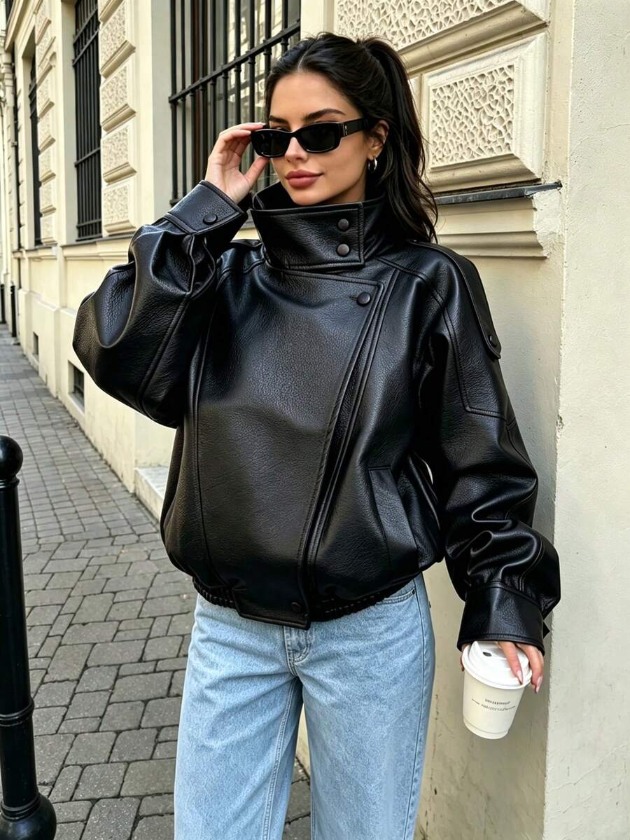 Camellia Loose Fit Oversized Autumn/Winter New Women's Jacket, European And American Style, Fashion Minimalist Versatile Faux Leather Coat Black Fall - Black - View 1