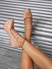 Women's French Style Round Toe Single Strap Solid Color Stiletto High Heel Pumps, Versatile Fashion Elegant Comfortable Shoes - Apricot - View 2