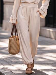 Fall Vintage Cream High Waisted Jogger Pants For Women, Elastic Waist Loose Flowy Lantern Trousers, Versatile Work Party Casual Pants - Apricot - View 6