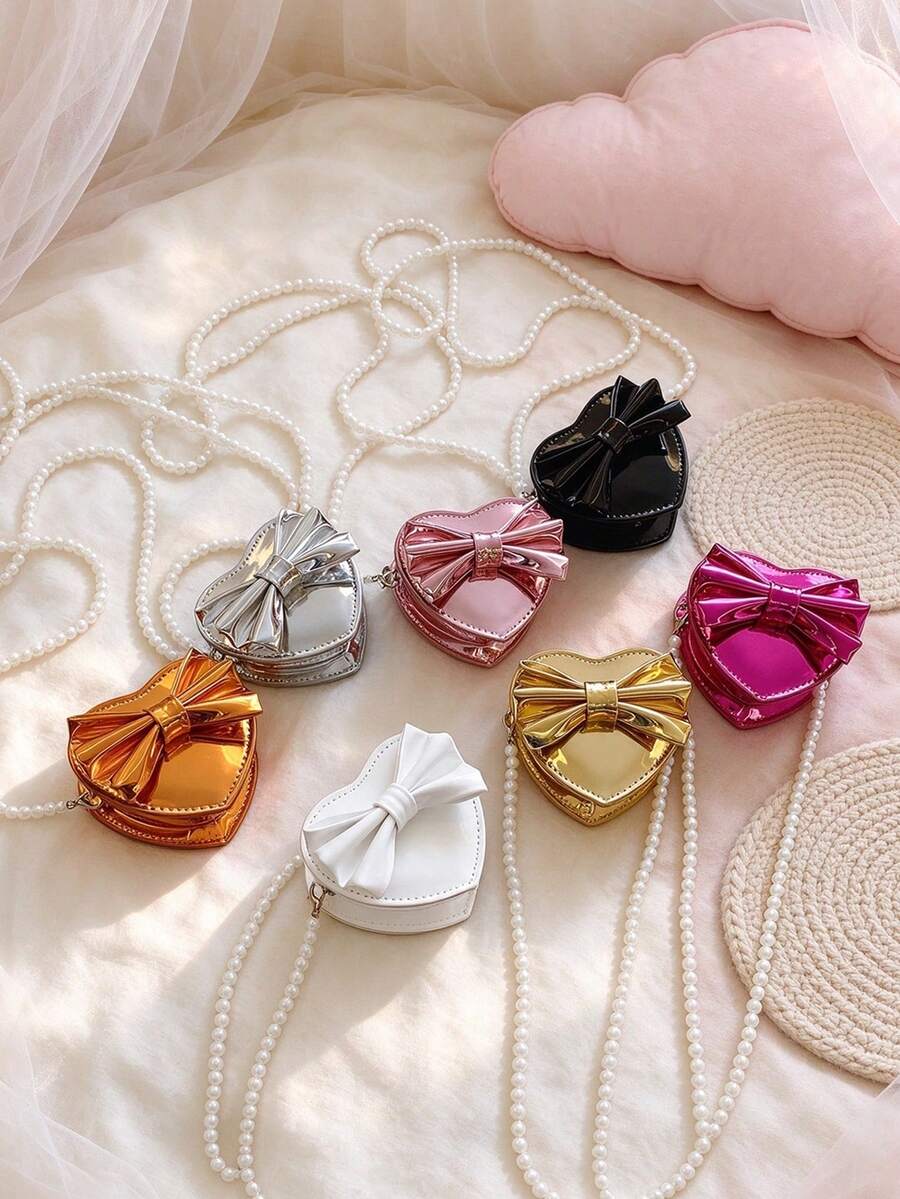 Girls' Glossy Heart Bow Crossbody Bag, Pearl Chain Mini Purse, Party Accessory Bag - A - View 1
