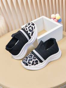 Leopard Print Kids Slip-On Sneakers, Mesh Breathable Lightweight Baby Casual Shoes - Black and Beige - View 10