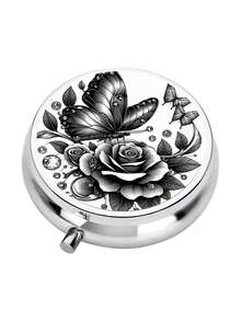 1pc Black & White Butterfly Rose Print Metal Box, Dual Compartment Convenient Round Pill Box, Multi-Functional Design, Can Store Vitamins, Capsules, Pills And Jewelry, Easy To Carry, An Exquisite Accessory - Multicolor - View 4