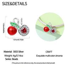 Pandach 1pc S925 Sterling Silver Fruit & Vegetable Theme Beaded Charm, Original Handmade Bracelet Necklace DIY Pendant Chain Jewelry Making, Includes Cherry, Apple Clock, Bok Choy Shapes, Enamel Craft With Zirconia Inlay, Versatile Handmade Accessory, Exquisite Gift Accessory, Compatible With All-Match Bracelets - Multicolor - View 9