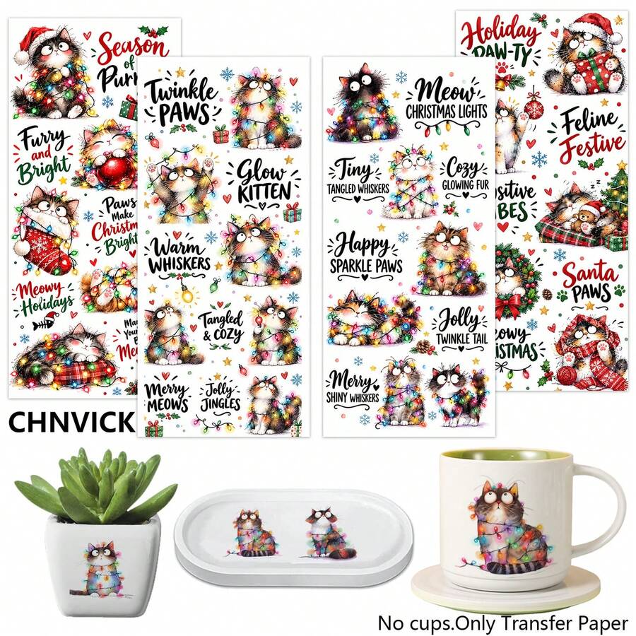 CHNVICK 4PCS/Set Cat With Christmas String Lights UV DTF Stickers For Gifting & Journals, Rub On Transfers For Notebooks & Planners, Decorative Art Decals For Mugs & Stationery Supplies (Only Transfer Paper) - Burgundy - View 1