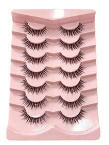 7 Pairs 5-12mm Natural Criss-Cross Minimalist Clear Stem False Eyelashes, Suitable For Party, Holiday - Black - View 6