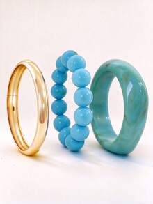 3pcs Designer Chinese Style Hand Jewelry Set, Wide Gold-Tone Bangle, Thin Elastic Beaded Bracelet, Niche High-End Accessory - Small Square 3-piece Set - View 19