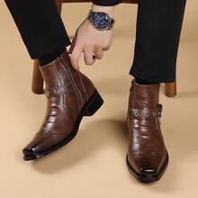 Western Style Side Zipper Vintage Brown Square Toe Men's Boots, Chain Buckle Side Zipper Low Heel Motorcycle Short Leather Boots - Brown - View 3
