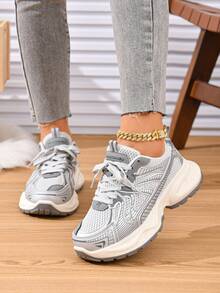 Sepatu Wanita Fashion Colorblock Kulit PU Bertali Nyaman Bernapas untuk Aktivitas Luar Ruangan Sepanjang Musim - Light Grey - View 6