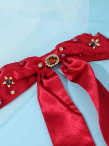 1pc Vintage Elegant Red Satin Bow Hair Clip With Rhinestone Long Ribbon Bridal Headpiece - Red - View 3
