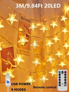 1pc USB Power Supply With 8 Lighting Modes, Star String Lights With Remote Control, Suitable For Indoor Home, Girls' Bedrooms, Walls, Outdoor Courtyard, Parties, Holiday Decor LED Fairy Tale Lights, Camping Tent Decor Lights, Christmas Decor Lights - Yellow - View 14