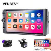 VENBES 7 Inch Double‑DIN Car Stereo Wired CarPlay Android Auto Mirror‑Link MP5 Car Radio + 12‑LED Rear‑View Camera Bluetooth FM USB AUX - With Steering Wheel Remote - View 2