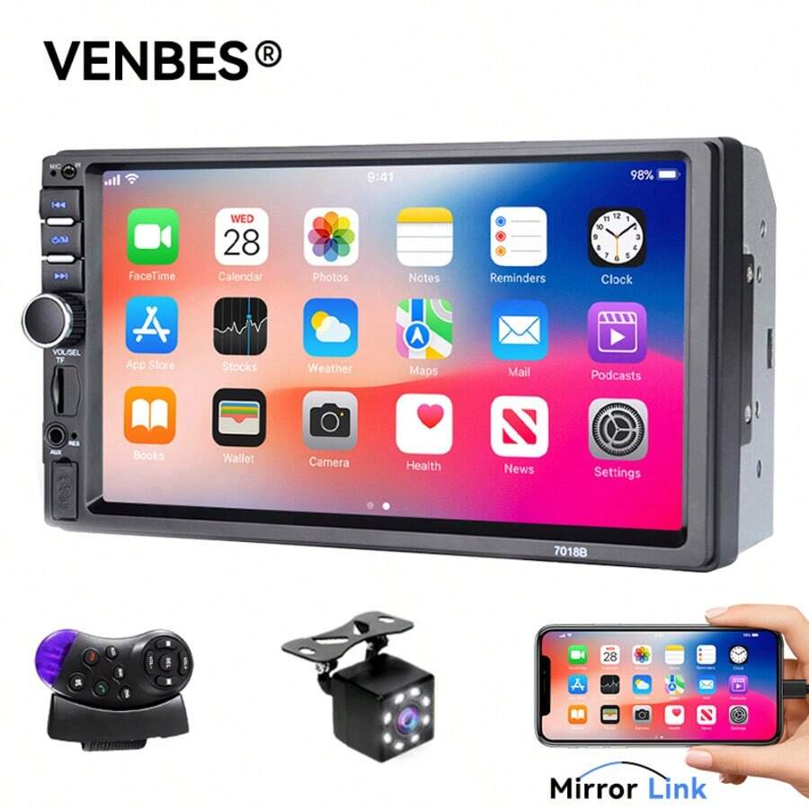 VENBES 7 Inch Double‑DIN Car Stereo Wired CarPlay Android Auto Mirror‑Link MP5 Car Radio + 12‑LED Rear‑View Camera Bluetooth FM USB AUX