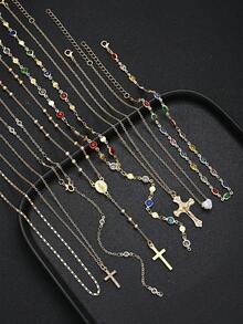4/8pcs Fashion Minimalist Bohemian Colorful Rhinestone Heart & Cross Pendant Y-Shaped Chain Necklace Set, Layered Necklaces For Women, Suitable For Vacation, Date, Party, Ball, Banquet, Festival, Birthday Gift, Daily Wear - Yellow Gold - View 3