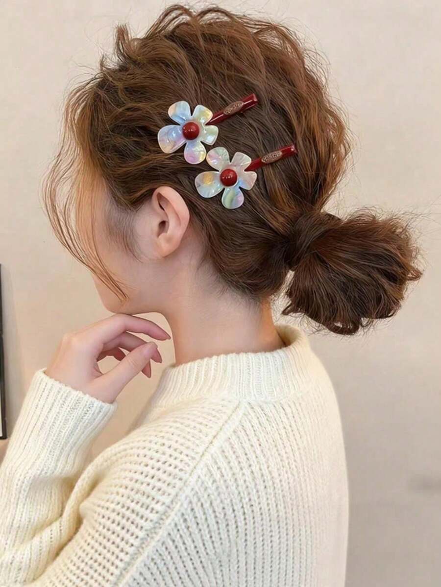 2pcs Colorful Acetate Fiber Flower Hair Clips, Side Bang Clips, Women's Hair Accessories, Spring/Summer - Multicolor - View 1