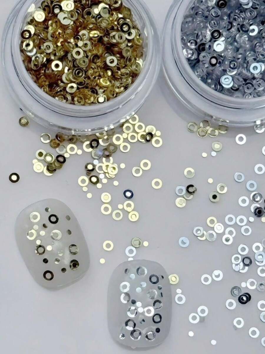 1盒秋季復古圓環美甲亮片，金銀雙色迷你鏤空環狀亮片，適合DIY秋季美甲藝術裝飾 - 彩色 - 查看 1