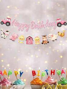 1pc Pink Farm Theme Birthday Banner, Tractor, Small Animals, Farm Red House Decorations, Suitable For Birthday Party Decor - Multiple Styles - View 8