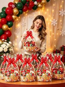10pcs Christmas Snowflake Transparent Drawstring Gift Bags, Empty Packaging Bags With Red Decorative Bows, Christmas Party Gift Packaging Bags - Multicolor - View 5