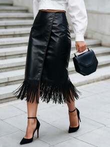 Women's Solid Color Tassel Hem Elegant Fashion Skirt - Black - View 2