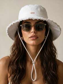 1pc Solid Color Metal Rhinestone LOVE Decor Tassel Bucket Hat, UV Protection Sun Hat, Suitable For Beach Vacation, Travel And Daily Street Wear - Love Bucket Hat - View 10