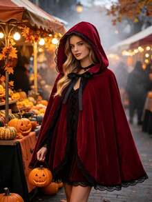 1pc Women's Gothic Velvet Hooded Cape, Red Little Red Riding Hood Cosplay Cloak, Lace Trim Contrast, Suitable For Halloween And Christmas Parties - Multicolor - View 4