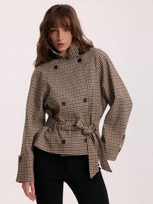 Women's Short Jacket Vintage Old Money Style Tie-Up Plaid Trench Coat Suitable For Autumn/Winter - Multicolor - View 1