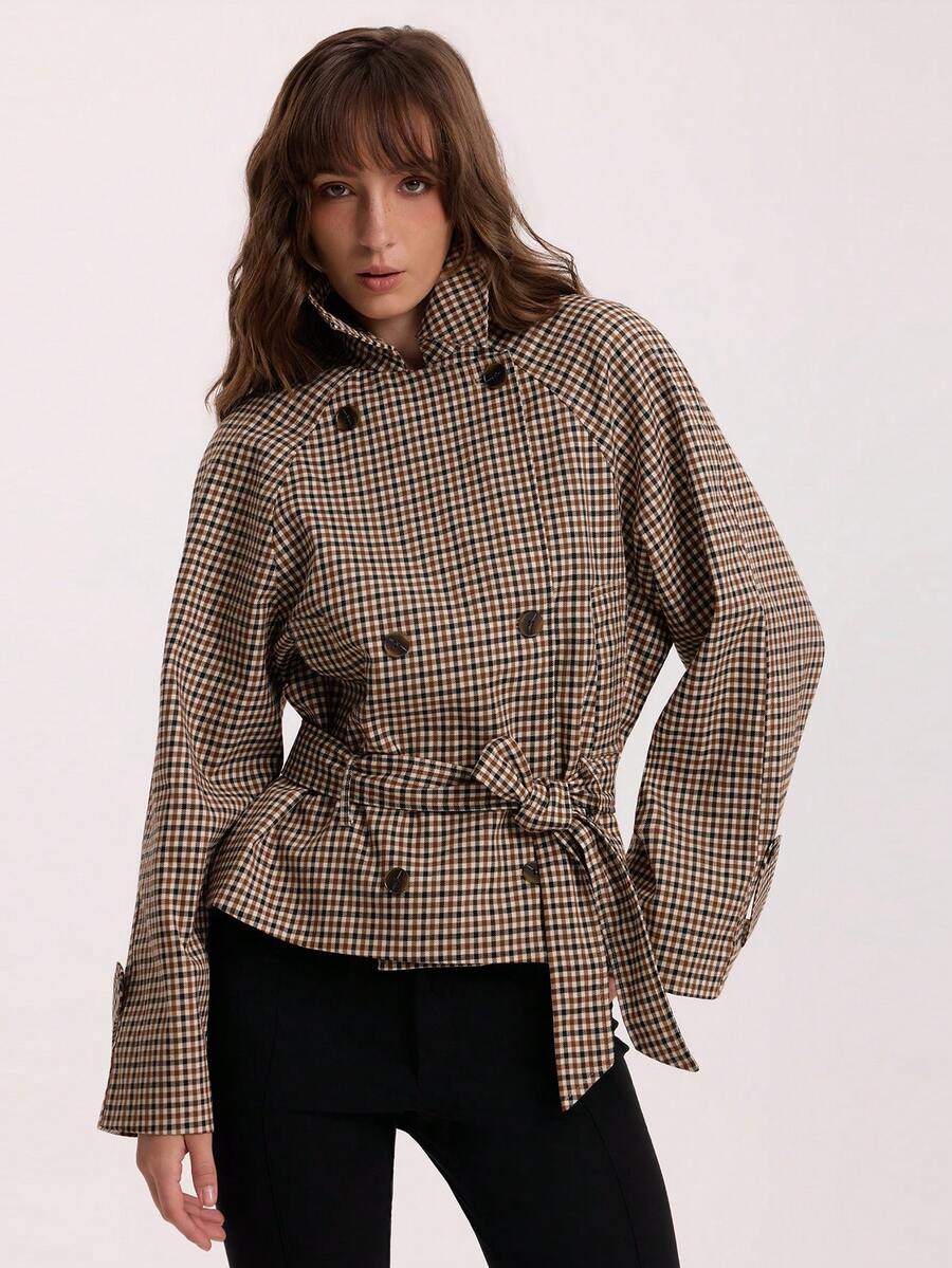 Women's Short Jacket Vintage Old Money Style Tie-Up Plaid Trench Coat Suitable For Autumn/Winter - Multicolor - View 1