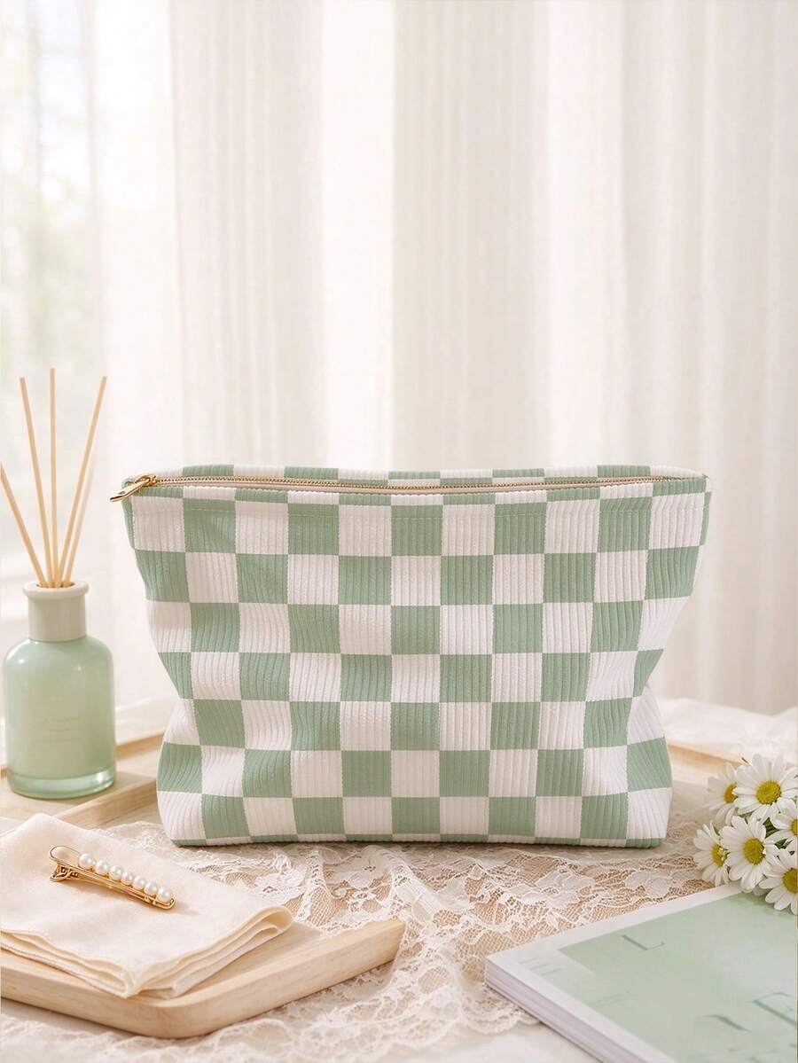 1 buah Tas Penyimpanan Kosmetik Portabel, Motif Kotak-kotak Hijau Segar, Cetak Dua Sisi, Kantong Makeup Perjalanan dengan Resleting, Organizer Perlengkapan Mandi Multifungsi - MultiWarna - View 1