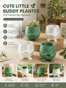 Healing Cartoon Character Small Flower Pot, Creative Cute Heart-Shaped Hugging Pose Succulent Planter, Material, Durable And Lightweight, Multiple Adorable Expressions To Choose From, Rounded Contour To Touch, Built-In Small Feet For Stable Placement, Suitable For Planting Succulents, Cacti And Other Small Foliage Plants, White And Green Two-Tone Minimalist Design, Fits Various Decor Styles, Perfect For Desk, Office, Bedroom, Windowsill, Easily Creates A Fresh And Healing Atmosphere - Multi-color - View 1