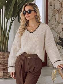 NiceArt Women's Autumn Oatmeal Color Mixed Wool Blend V-Neck Contrast Wave Trim Long Sleeve Loose Ribbed Knit Pullover Sweater, Neutral Soft Casual - Khaki - View 3