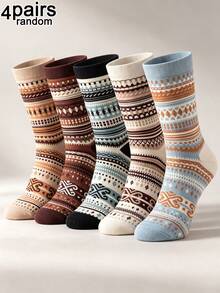 4 Pairs Random Assortment Autumn/Winter Novelty Unisex Vintage Fair Isle Print Mid-Calf Socks, Skin-Friendly Comfortable Nordic Style, Suitable For Home, Holiday Gifts, Daily Wear - Multicolor - View 2