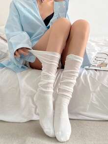 3 Pairs Autumn New Women's Three-Color Slouch Socks, Mid-Calf Length, Slouchy Wrinkled Solid Color Leg Warmers, Delicate Fabric Soft Comfortable Breathable, Slimming Leg-Shaping, Multiple Colors Available, Daily Street Wear Matching JK Uniform Floral Skirt Lolita Mary Jane Shoes, Preppy Style Girl All-Match Versatile Socks - Multicolor - View 7
