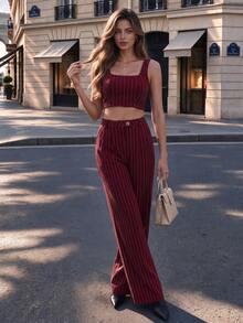 Women's 2 Pieces Elegant Vertical Stripe Set, Sleeveless Cropped Tank Top And Pleated Wide-Leg Pants, Perfect For Daily Wear And Halloween Outfits - Red - View 1