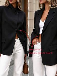 Women's Asymmetric Stand Collar Blazer, Autumn Long Sleeve Single Button Loose Fit, Commute Business Casual Everyday Wear Jacket - Black - View 2