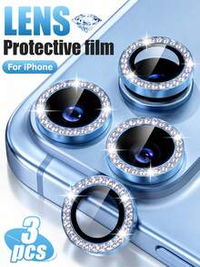 3Pcs Compatible With Iphone 18 Pro/18 Pro Max Camera Lens Protector Ultra HD, Bling 9H Tempered Glass Camera Cover Screen Protector Metal Ring Decoration Accessories (Diamond-Blue) - Blue - View 6