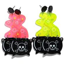 1 Pair Halloween Cute Neon Acrylic Skull Magic Potion Cauldron Pendant Earrings, Suitable For Women Holiday Wear And Gift Giving - Funny - View 1